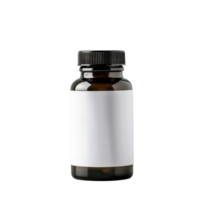 A vitamin bottle with blank label in front of a flat transparent background png