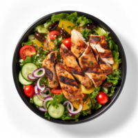 Photograph from above, large mixed salad with grilled chicken in a big bowl on a transparent background png