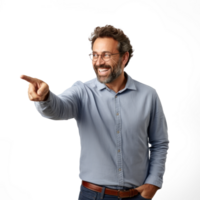 smiling man pointing at something on a white background png