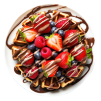 Waffle with strawberry, chocolate chip and berries topping on white plate, top view with transparent background png