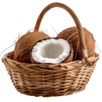 Front close view of coconut in wooden basket with handle on a transparent background png