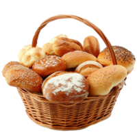 Bread and rolls in wicker basket isolated on transparent background png