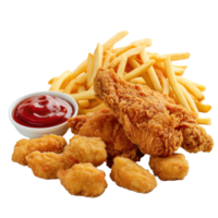 fried chicken with french fries and nuggets meal, Food Styling ,5 aspect ratio and rendered , high resolution texture, ray tracing, isolated transparent background png