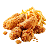 Fried chicken with french fries and nuggets meal, Food Styling ,5 aspect ratio and rendered , high resolution texture, ray tracing, isolated transparent background png
