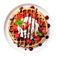 Waffle with strawberry, chocolate chip and berries topping on white plate, top view with transparent background png