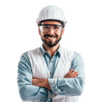 a male engineer. crossed arms and smiling white background used in advertising is a virtual isolate on transparent background png