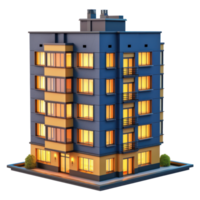 clay model of apartment building. 3d icon, clay icon, render, smooth surface, dark blue and warm yellow colors, glowing windows, transparent background png