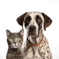 Front view close up of Great Dane and Scottish Fold Cat isolated on a transparent background png