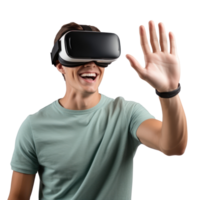 Smiling young man using virtual reality headset isolated young man, virtual reality headset glasses cutout model isolate on transparent background png