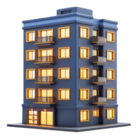 clay model of apartment building. 3d icon, clay icon, render, smooth surface, dark blue and warm yellow colors, glowing windows, transparent background png