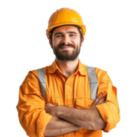 create a male engineer prompt. crossed arms and smiling isolate on tt background png