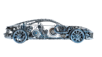 in the style of a collage, electric car made of diverse deep drawn parts in metal on transparent background png