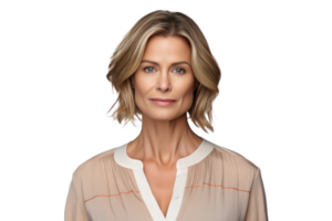 Photorealistic image of a beautiful lady in her forties with a tight and glossy vinyl blouse. Sad face isolate on transparent background png