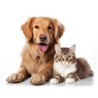 A dog and a cat together happy, hiper realistic, 16K, in a transparent background png