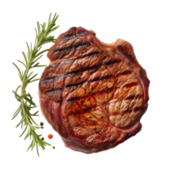 Grilled marbled beef steak top view, octan render isolate on transparent background png
