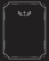 Funeral card. Empty card. Black and white frame with church cross and leaves vector