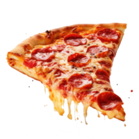Hyperrealistic picture of neat slice of pepperoni pizza, focus on pizza background blurr, floating over transparent background png