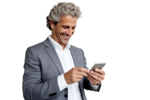 Portrait of smiling businessman looking at phone isolate on transparent background png