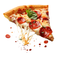 Hyperrealistic picture of neat slice of pepperoni pizza, focus on pizza background blurr, floating over transparent background png