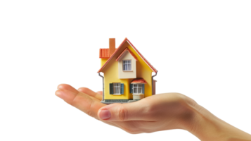 Miniature house model in human hand on transparent background png