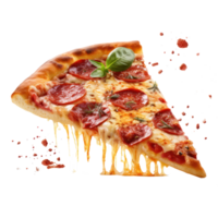 Hyperrealistic picture of neat slice of pepperoni pizza, focus on pizza background blurr, floating over transparent background png
