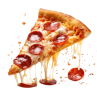 Hyperrealistic picture of neat slice of pepperoni pizza, focus on pizza background blurr, floating over transparent background png
