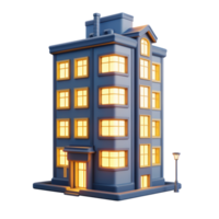 clay model of apartment building. 3d icon, clay icon, render, smooth surface, dark blue and warm yellow colors, glowing windows, transparent background png