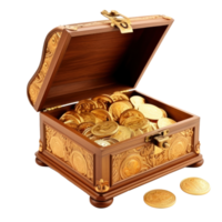 Open gold chest with Arabic ornament with a bunch of gold coins inside, on a transparent background png