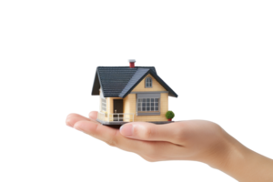 a hand holding a small house on a transparent background png
