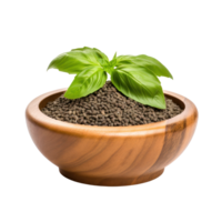 Basil seeds in wooden bowl isolated on transparent background png