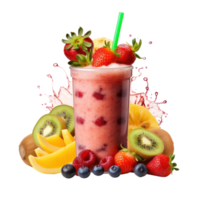Freshly pressed Fruit vegetable juice smoothie with fruits veggie toppings on transparent background png