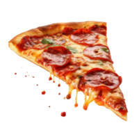 Hyperrealistic picture of neat slice of pepperoni pizza, focus on pizza background blurr, floating over transparent background png