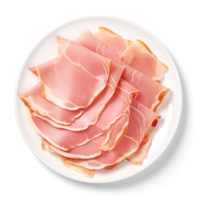 Prosciutto ham slices on white plate on transparent background png