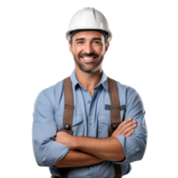 Help create a male engineer prompt. crossed arms and smiling transparent background png