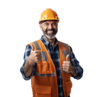 Happy middle aged man engineer, thump up, smile face, half body, on transparent background png