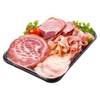 A plastic tray full of different kinds of hams, sliced, ready to eat, uhd, transparent background png