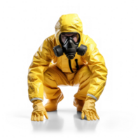 a man in a hazmat suit, tiptoeing, in front of a transparent background png