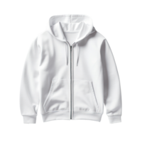 A white hoodie with zipper, front view, realistic product photography, isolatioed transparent background png