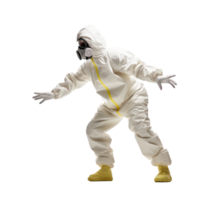 a man in a hazmat suit, tiptoeing, in front of a transparent background png