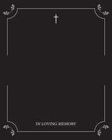 Funeral card. Empty card for funeral with white frame on black background. vector