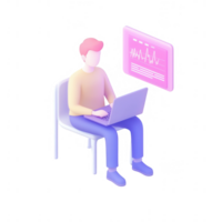Person working on a laptop with data visualization on screen in colorful 3D design. png