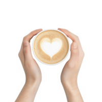Hands holding a cup of coffee with a heart-shaped latte art design. png
