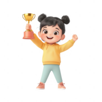 Joyful child celebrating victory while holding a golden trophy. png