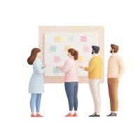 Diverse team collaborating at a whiteboard with colorful notes and ideas. png