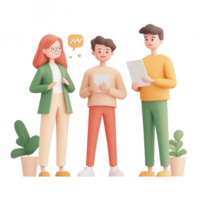 Three diverse individuals engaging in lively conversation with digital devices. png