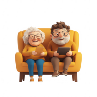 Happy seniors enjoying digital devices together on a cozy couch. png