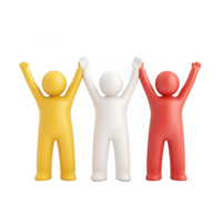 Three colorful figures celebrating joy and unity with raised arms. png
