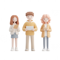 Three stylized characters holding notes, representing teamwork and collaboration in action. png
