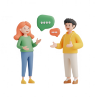 Two animated characters engaged in a lively conversation with speech bubbles. png
