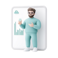 A 3D character presenting data analytics in a modern digital environment. png
